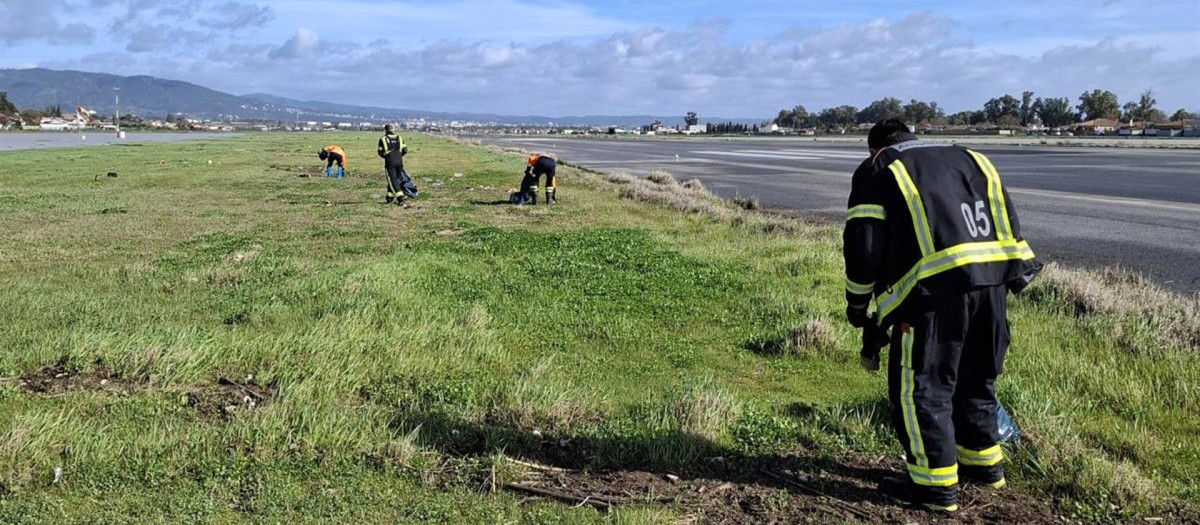 Operarios del Aeropuerto de Córdoba trabajan en la limpieza de la pista y zonas aledañas