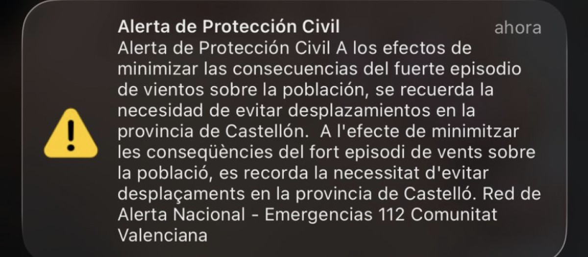 Imagen del Es-Alert remitido por la borrasca Oriana en la provincia de Castellón.