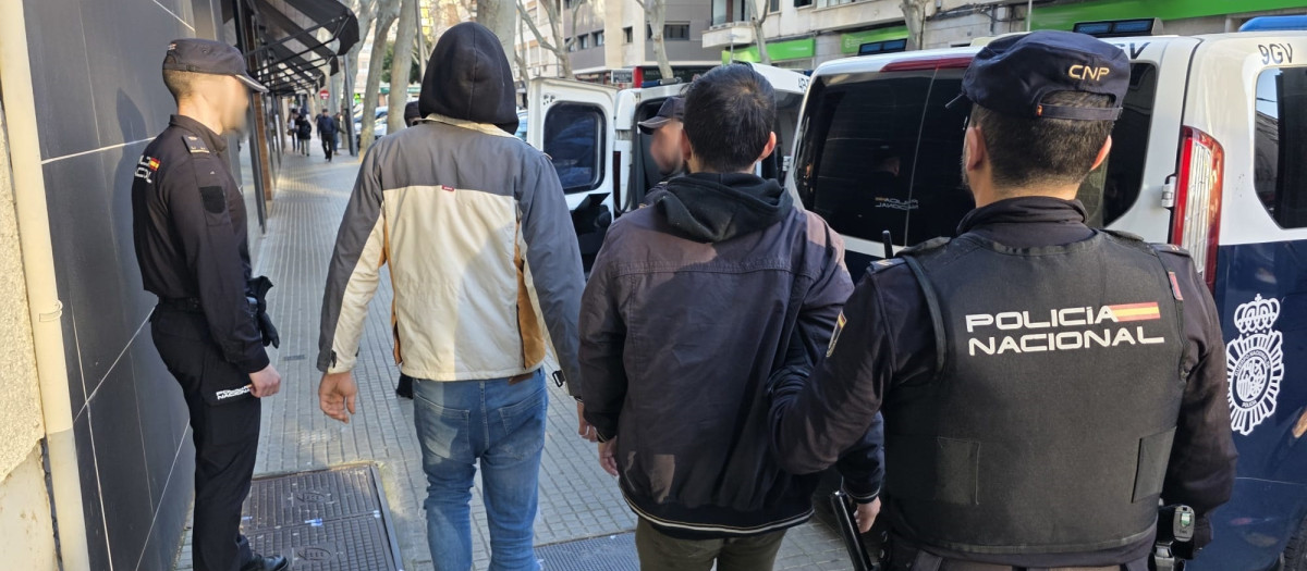 Dos de los detenidos, conducidos por agentes.

REMITIDA / HANDOUT por POLICÍA NACIONAL
Fotografía remitida a medios de comunicación exclusivamente para ilustrar la noticia a la que hace referencia la imagen, y citando la procedencia de la imagen en la firma
15/2/2026