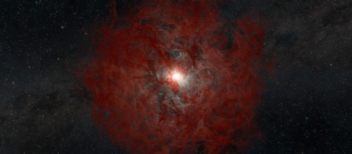 Esta concepción artística muestra una gruesa capa de gas y polvo expulsada de las capas externas de una estrella masiva al colapsar su núcleo tras quedarse sin combustible. En el centro, una densa y caliente bola de gas continúa cayendo hacia el interior, alimentando el agujero negro recién formado