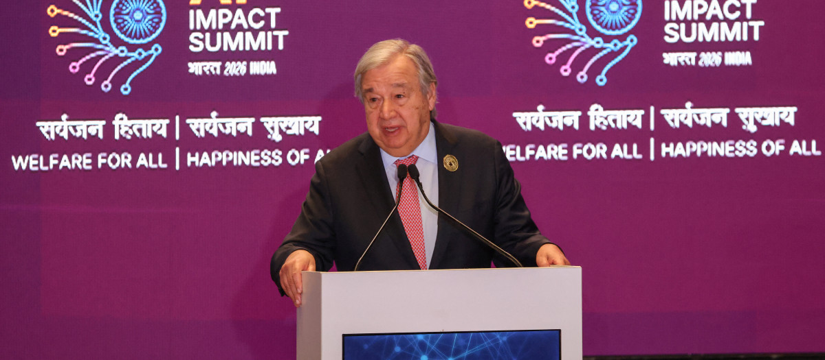 El Secretario General de la ONU, Antonio Guterres, pronuncia un discurso durante la Cumbre de Impacto de la IA en Nueva Delhi