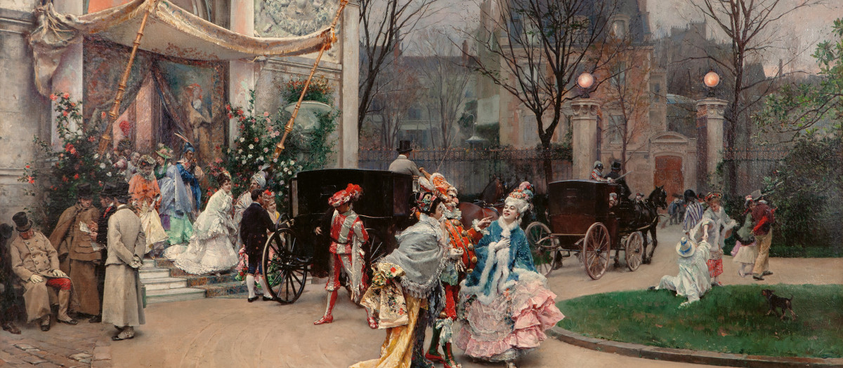 'Salida del baile de máscaras', 1878. Obra de Raimundo de Madrazo y Garreta. Óleo sobre lienzo, 70 × 116 cm. Colección privada