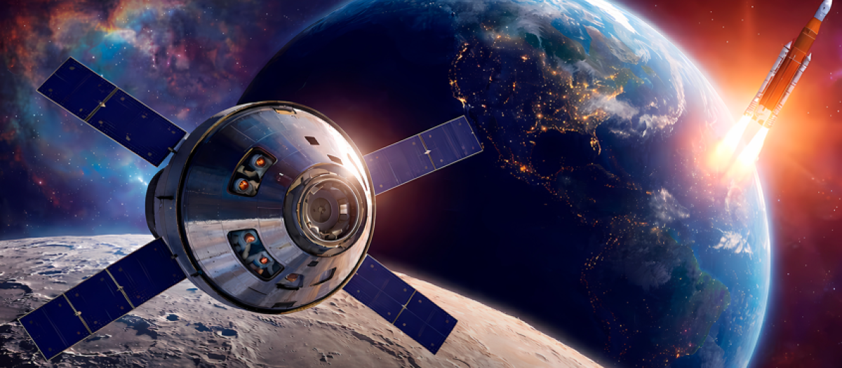 Ilustración de la nave Orion sobrevolando la Luna con la Tierra de fondo