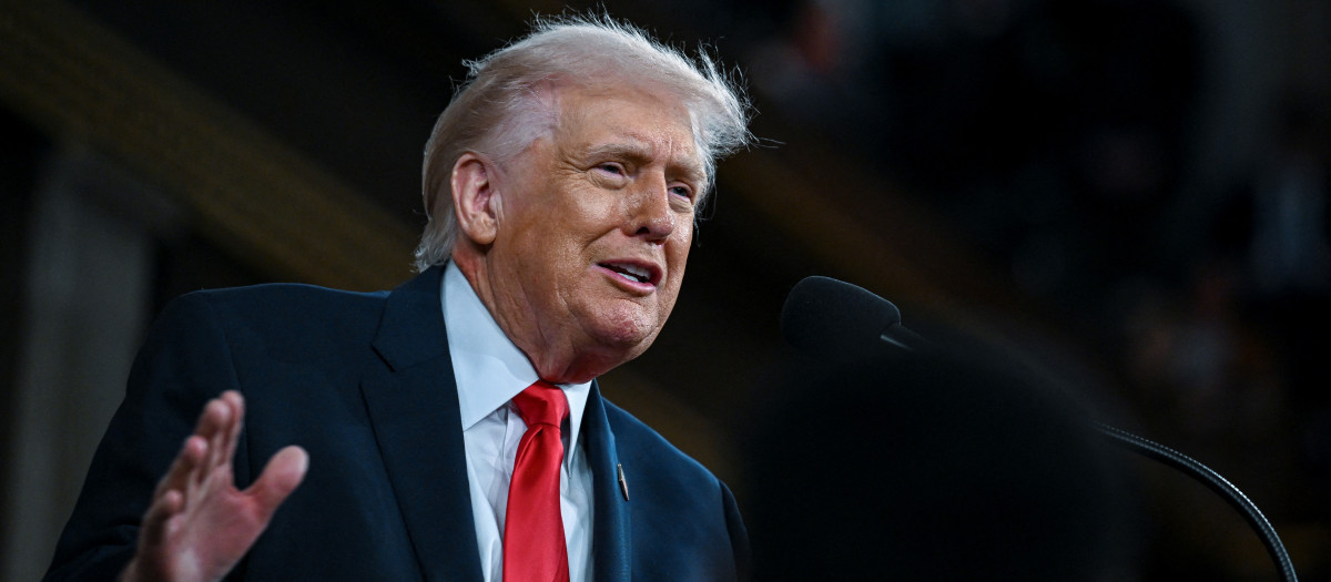 US President Donald Trump delivers the first State of the Union address of his second term to a joint session of Congress in the House Chamber of the United States Capitol in Washington, DC, on February 24, 2026. (Photo by Kenny HOLSTON / POOL / AFP)