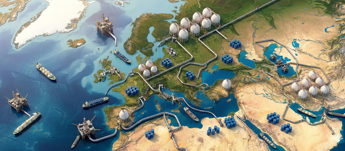 Ilustración de suministros de petroleo y de gas en Europa