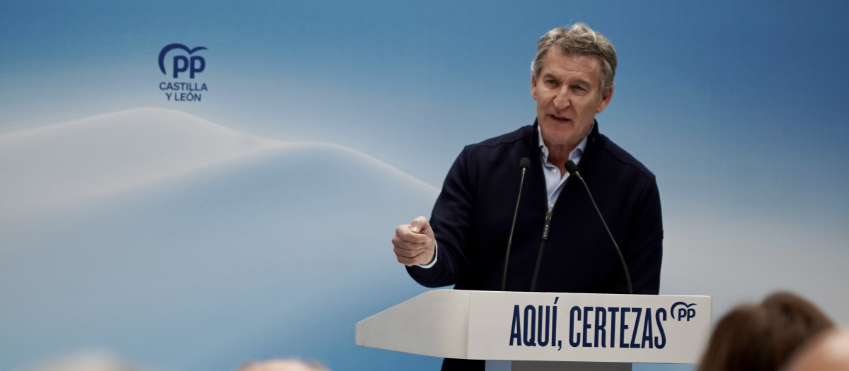 El presidente del Partido Popular, Alberto Núñez Feijóo, interviene en un mitin en Tordesillas, hace unos días