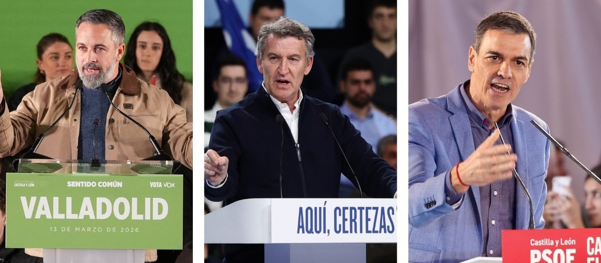Santiago Abascal, Alberto Núñez Feijóo y Pedro Sánchez en los cierres de campaña de sus partidos en Valladolid

CLAUDIA ALBA - EUROPA PRESS
14/3/2026