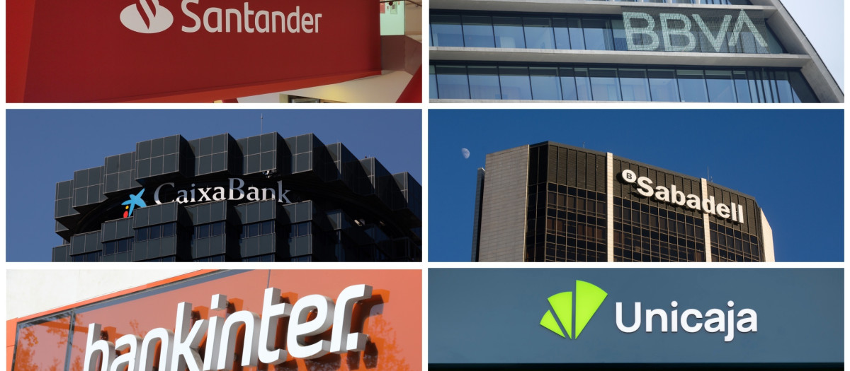 Logos de Banco Santander, BBVA, CaixaBank, Banco Sabadell, Bankinter y Unicaja