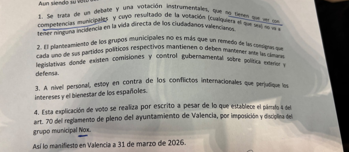 Imagen del voto particular de la concejala de Vox en Valencia Cecilia Herrero