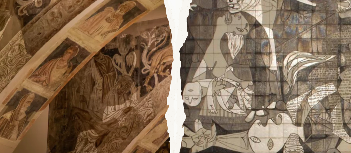 Montaje de las pinturas de Sijena y el 'Guernica'