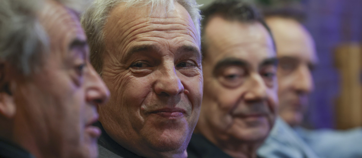 Rafael Muñoz Gutierrez, David Summers, Javier Molina and Daniel Mezquita hardy from Hombres G during presentation of Los mejores años de nuestra vida tour in Madrid on Tuesday, 25 November 2025.