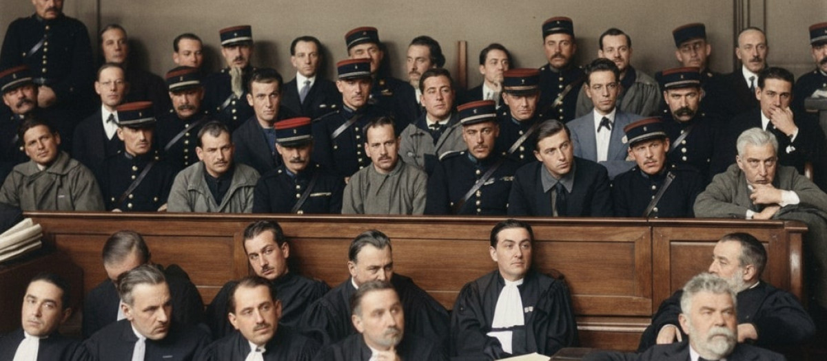 Imagen de época del juicio a Macià, coloreada con IA