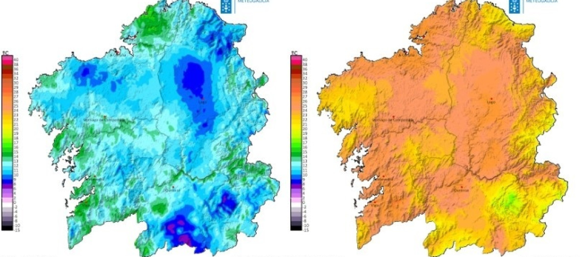 Temperaturas mínimas y máximas previstas en Galicia el 21 de abril de 2026 y diferencia con el día anterior, según Meteogalicia

REMITIDA / HANDOUT por METEOGALICIA
Fotografía remitida a medios de comunicación exclusivamente para ilustrar la noticia a la que hace referencia la imagen, y citando la procedencia de la imagen en la firma
21/4/2026