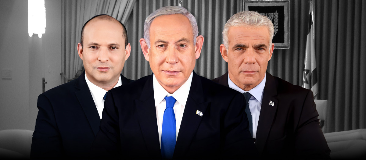 Fotomantaje de Benjamin Netanyahu, Yair Lapid y Naftali Bennet