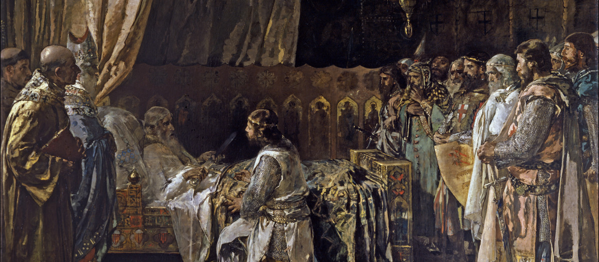Los últimos momentos del rey Don Jaime el Conquistador en el acto de entregar su espada a su hijo Don Pedro, de Ignacio Pinazo Camarlench