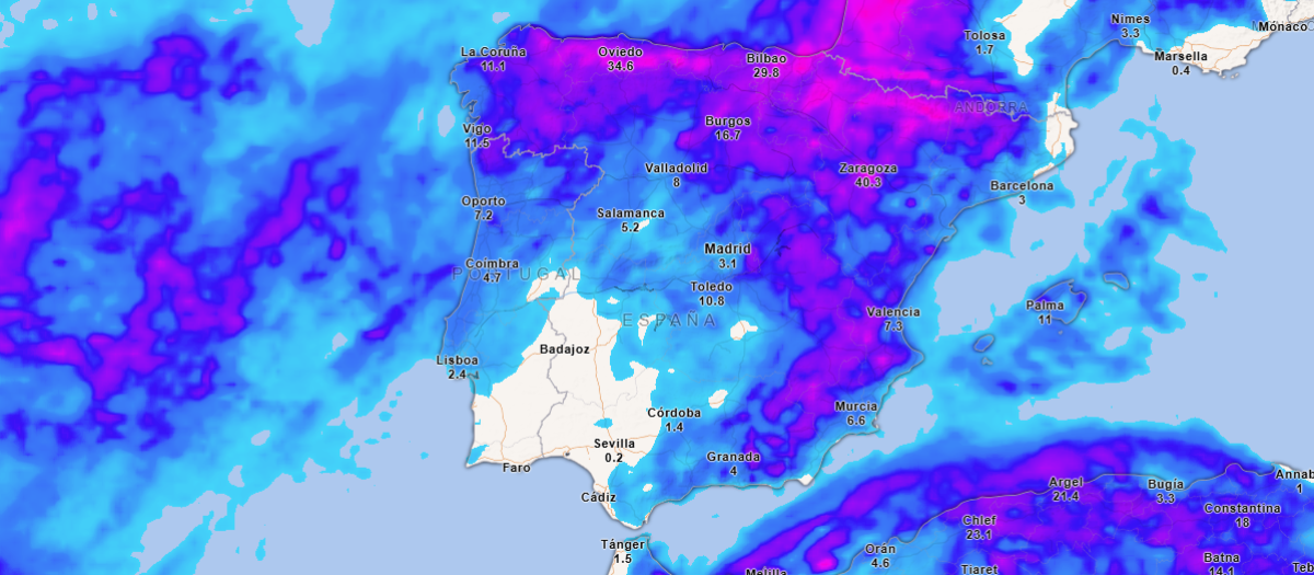 Precipitación acumulada hasta el domingo a las 20.00