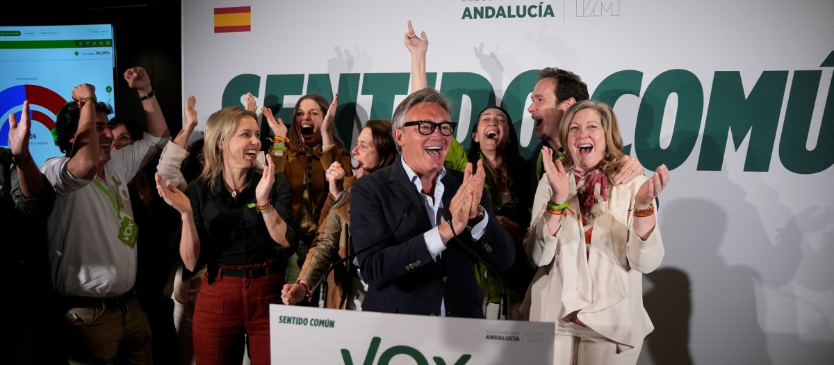 El candidato de Vox, Manuel Gavira, celebra los resultados electorales en Andalucía