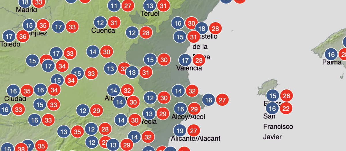 Mapa con las temperaturas previstas este viernes 22 de mayo en la Comunidad Valenciana.