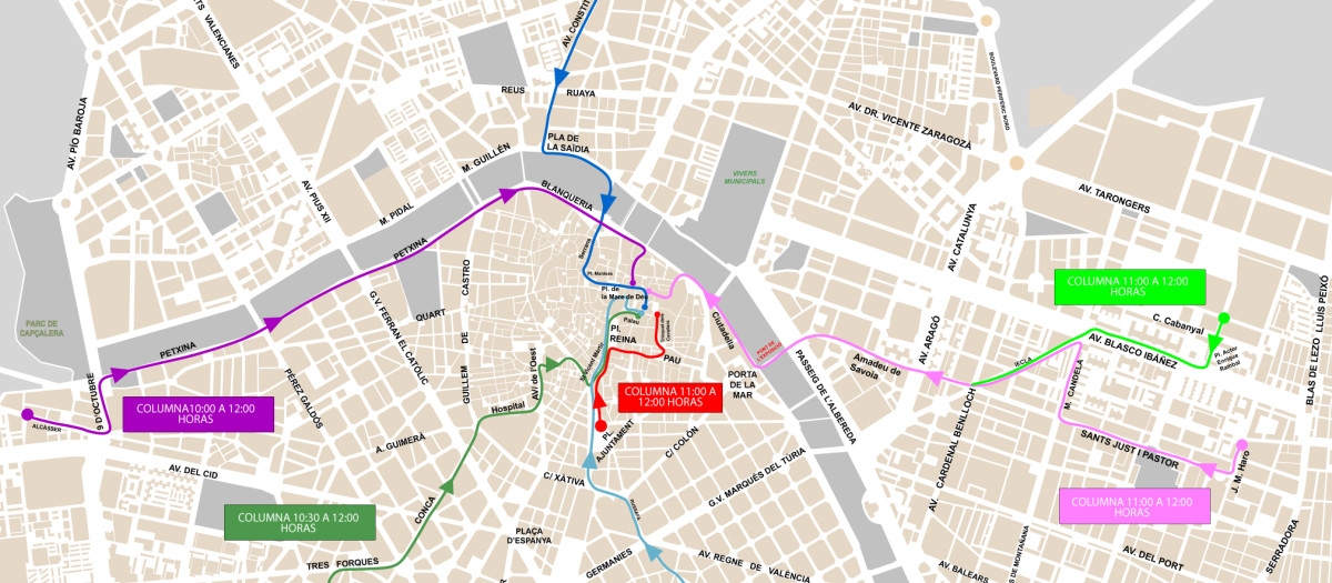Imagen del recorrido de la manifestación de este sábado en Valencia