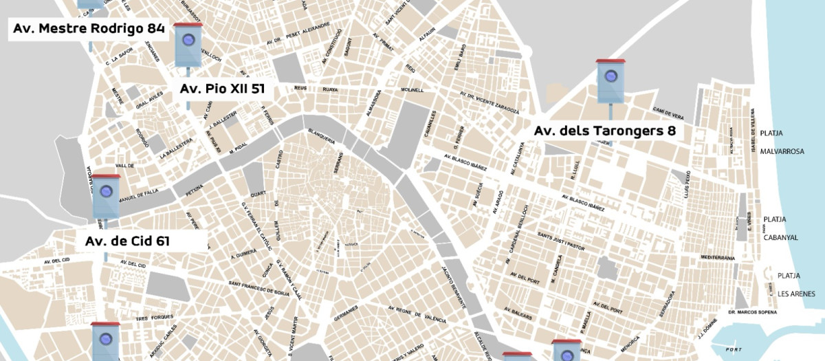 Mapa con la ubicación de los radares en la ciudad de Valencia.
