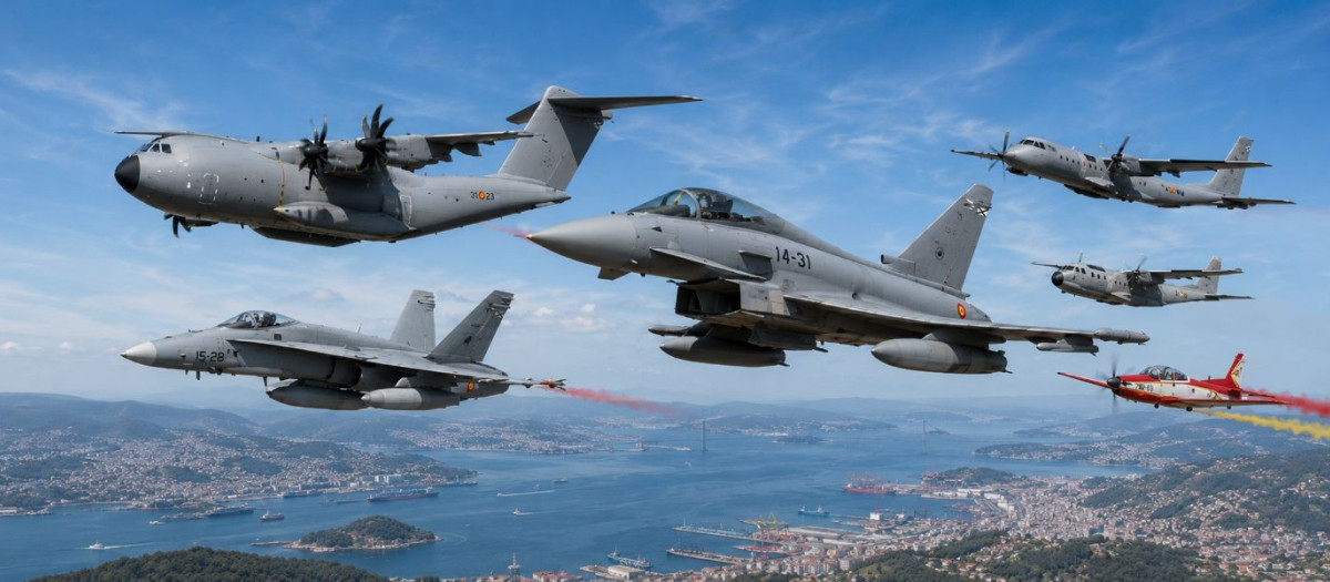 Más de 70 aeronaves, entre ellas Eurofighter, F-18 y Harrier, integran el desfile aéreo de Vigo