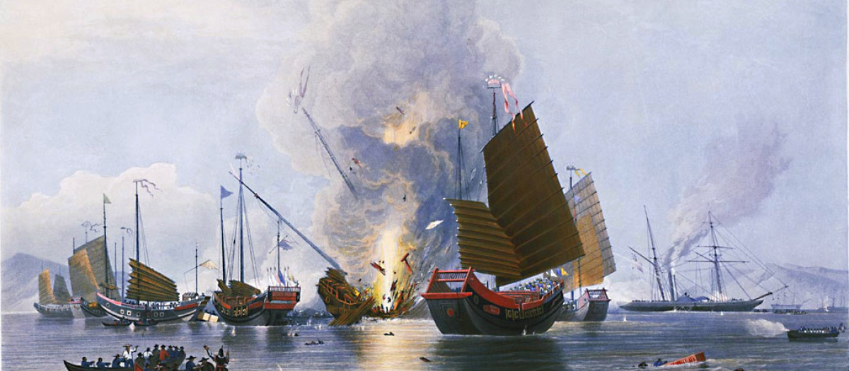 Destrucción de juncos de guerra chinos, por E. Duncan (1843)