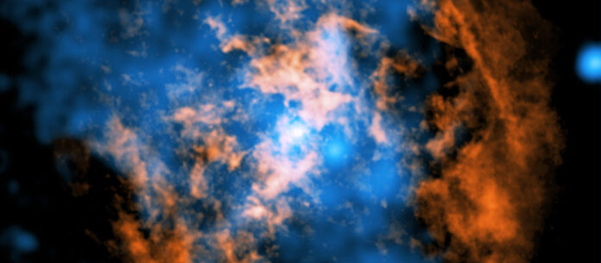 Esta imagen compuesta muestra evidencia de un viento que sopla alejándose de Sagitario A* (Sgr A*), el agujero negro supermasivo en el centro de nuestra galaxia