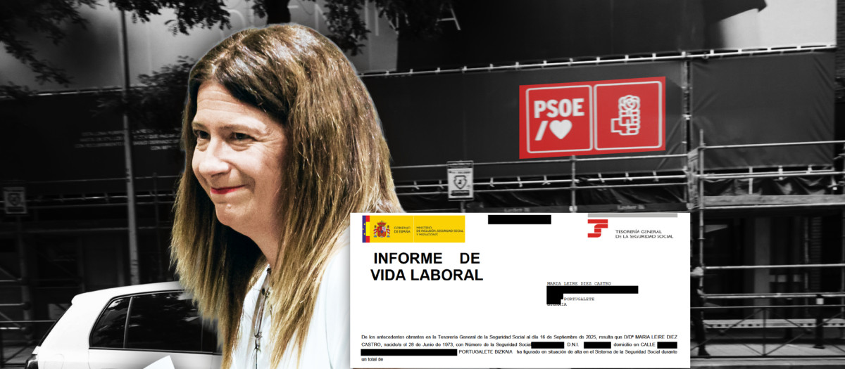 Montaje de la fontanera del PSOE, Leire Díez, con su informe de vida laboral al que ha tenido acceso El Debate