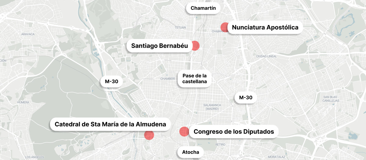 Mapa de zonas calientes de tráfico que habrá el lunes con motivo de la visita del Papa