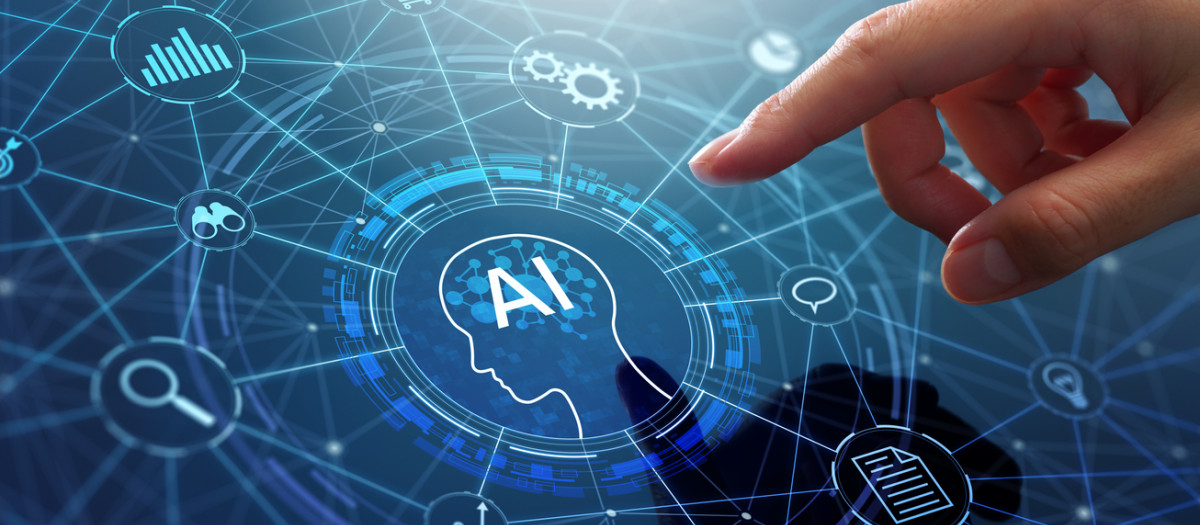 AI agent and generative artificial intelligence. Robotic processes automation and data analysis. Businessman touching head and AI icon on application network system.