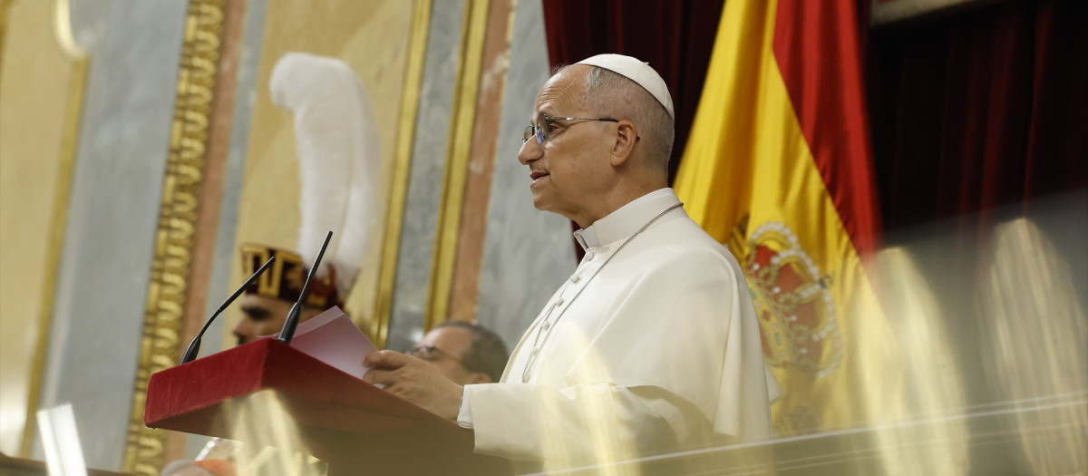 El Papa León XIV interviene durante su visita al Congreso de los Diputados