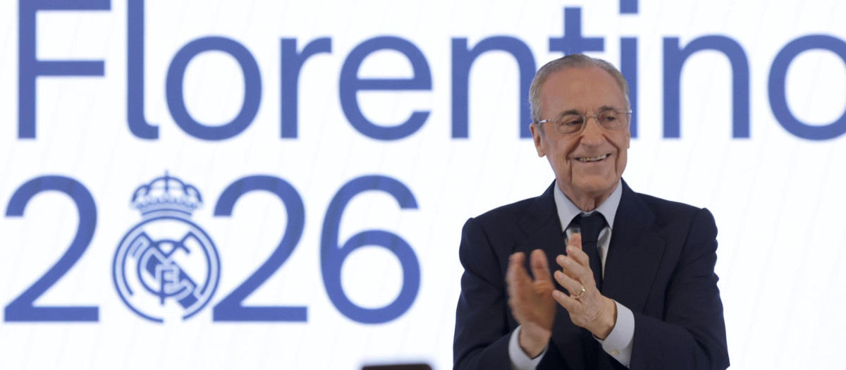 MADRID, 08/06/2026.- Florentino Pérez ha sido reelegido como presidente del Real Madrid, tras superar en las elecciones al otro candidato, Enrique Riquelme, según anunció Real Madrid TV, antes de facilitar los resultados oficiales, este domingo en Madrid. EFE/Juanjo Martín