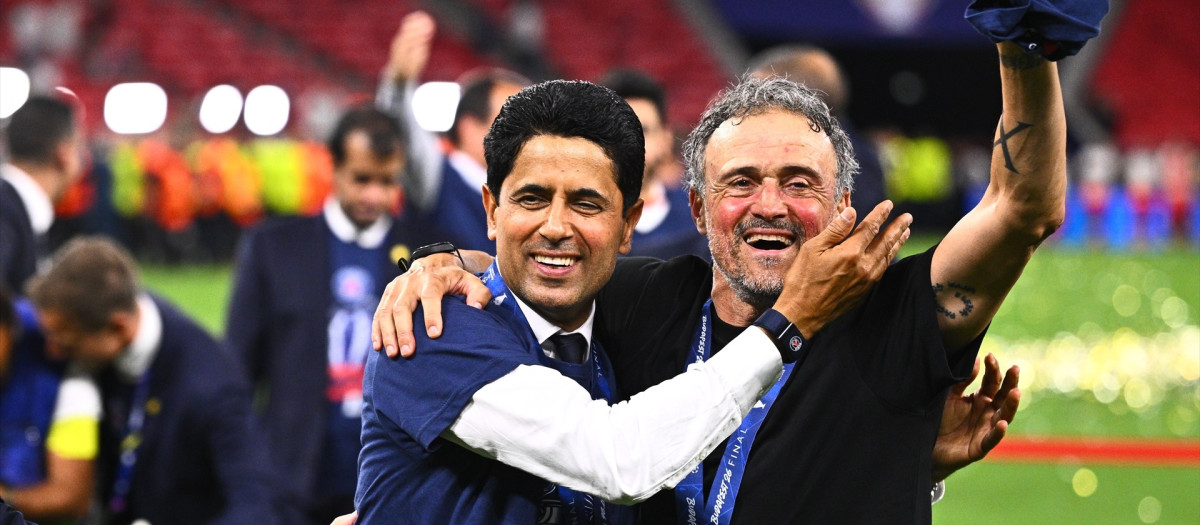 Luis Enrique y Al-Khelaifi celebrando la Champions League