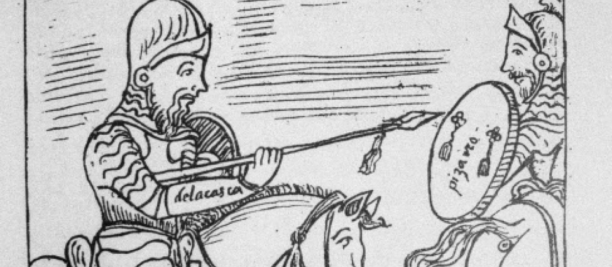 Pedro de la Gasca, un eclesiástico español enviado al Perú, enfrentándose al conquistador Gonzalo Pizarro