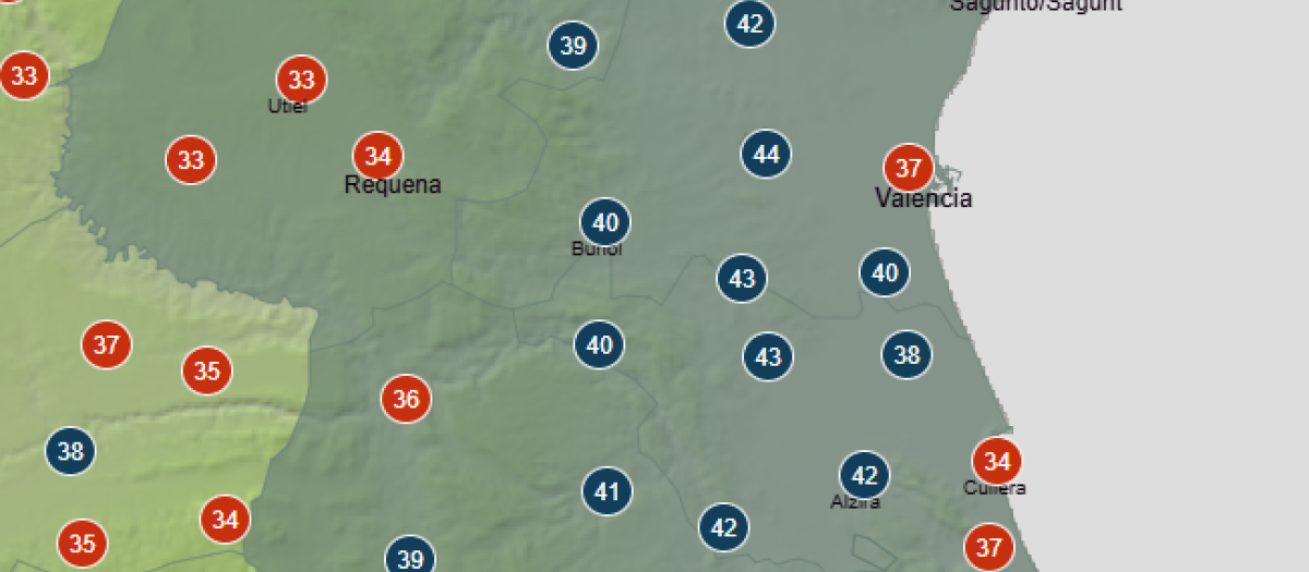 Mapa con las temperaturas máximas previstas en la provincia de Valencia este miércoles 15 de julio.