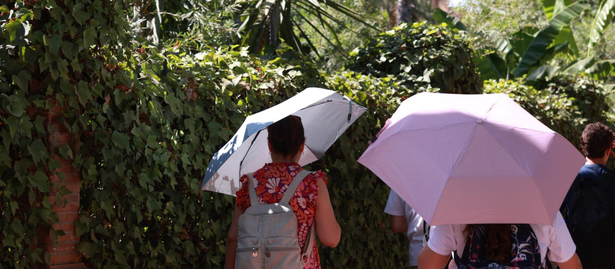 Dos personas se refugian del sol con paraguas en una jornada con altas temperaturas en Sevilla