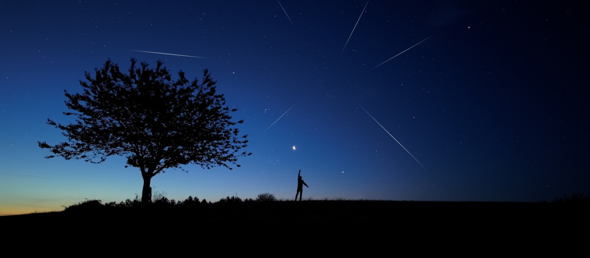 Silueta de un hombre y campo bajo las estrellas y la luz de la luna