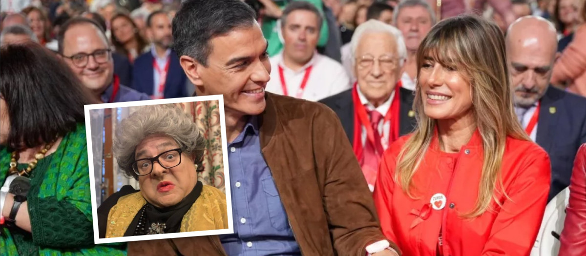 El humorista Bestard en su papel de Madó Pereta junto con la imagen de Pedro Sánchez y su esposa, Begoña Gómez