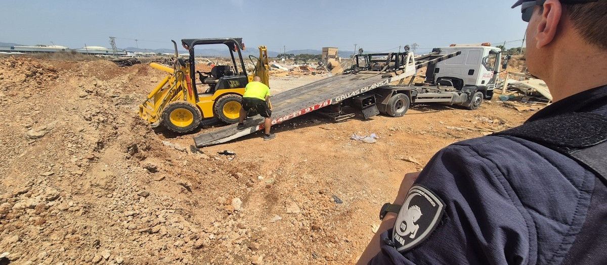 Un agente de la Policía Local de Palma observa la retirada de una retroexcavadora en unos terrenos públicos