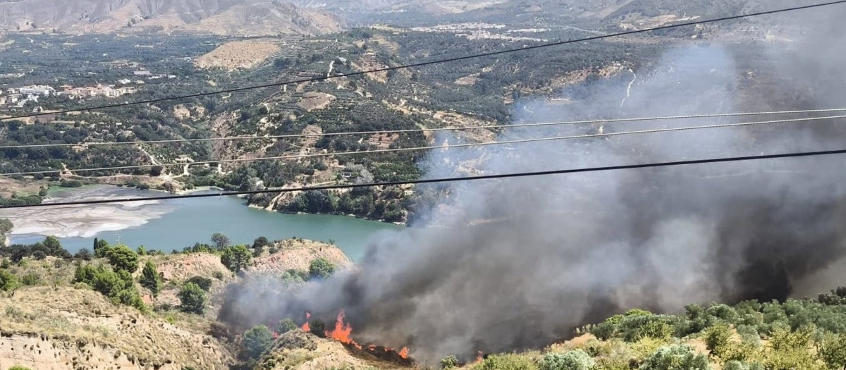 Incendio forestal en el pantano del Beznar, en la localidad granadina de Pinos del Valle