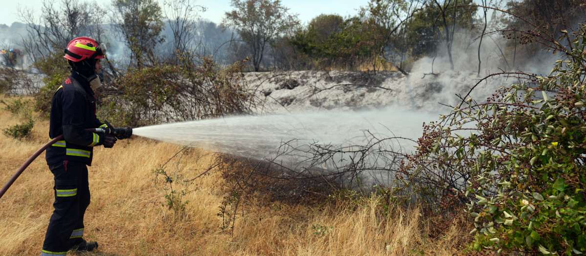 Un bombero lucha contra un incendio forestal cerca de San Martín de Valdeiglesias, a unos 70 km al oeste de Madrid, el 26 de julio de 2026. Los bomberos españoles han combatido hoy un nuevo frente de incendios cerca de la ciudad costera de Valencia, donde se ha evacuado al menos a 15 000 personas. En la región occidental de Madrid, dos incendios forestales distintos se unieron el 24 de julio para formar un enorme incendio que estuvo a punto de unirse a otro fuego en la vecina Castilla y León. Las llamas ya han arrasado 25 000 hectáreas en Madrid y la vecina provincia de Ávila, lo que ha obligado a más de 60 000 personas (una cifra revisada a la baja) a huir de sus hogares, según las autoridades, que han calificado el incendio como «el peor de la historia» de la región de Madrid. (Foto de César MANSO / AFP)