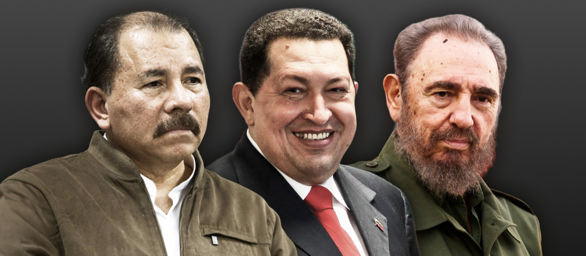 El dictador Daniel Ortega con los desaparecidos Hugo Chávez y Fidel Castro