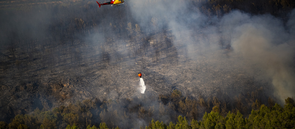 Helicóptero bombardero trabaja en las tareas de extinción del incendio en Pla de Manlleu, a 8 de julio de 2026, en Pla de Manlleu, Aiguamurcia, Tarragona, Cataluña (España).