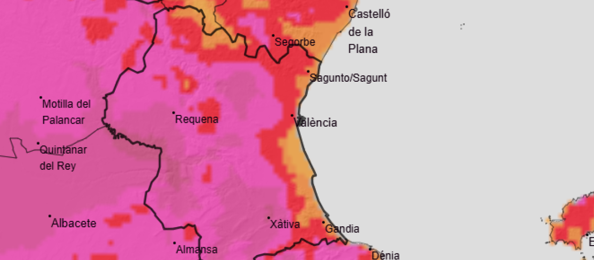 Mapa de calor por las temperaturas máximas previstas para este miércoles 29 de julio en la Comunidad Valenciana.