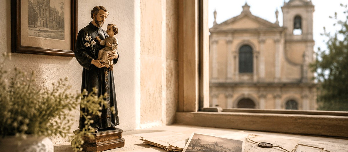 Imagen devocional de San Cayetano con el santuario de fondo