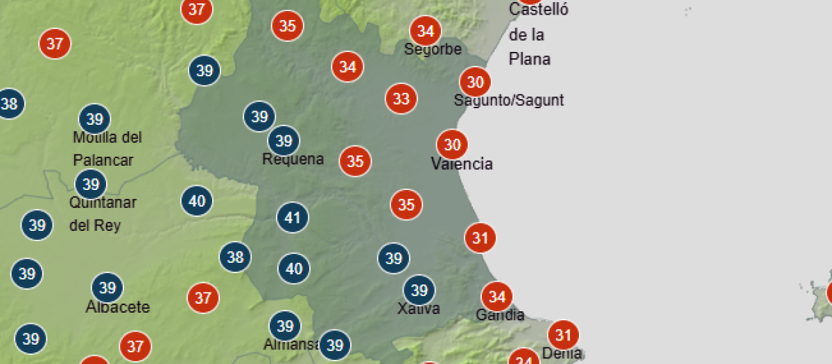 Mapa con las temperaturas máximas previstas a las 17 horas en la Comunidad Valenciana.