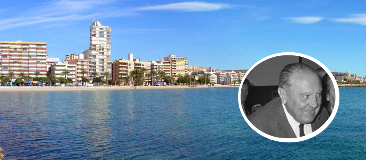 Montaje con la imagen de Santiago Bernabéu y la cala con su nombre en Alicante