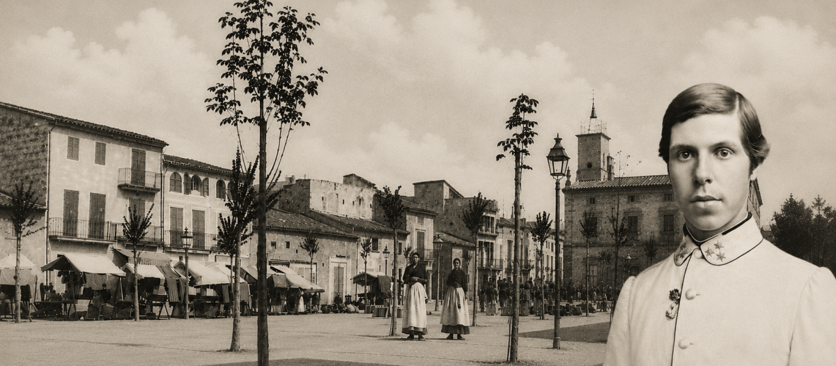 Plaza mayor de Sa Pobla junto a la silueta del archiduque Luis Salvador