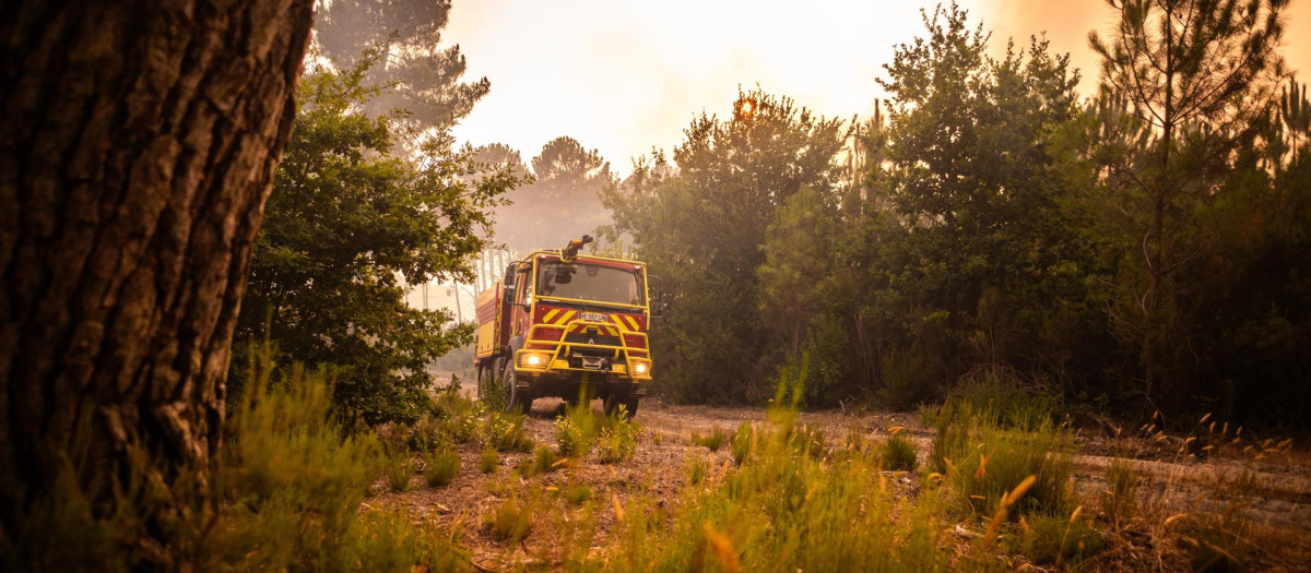 Trabajo de los bomberos para contener un gran incendio forestal cerca de Saumos, departamento de Gironda, Francia, el 29 de julio de 2026