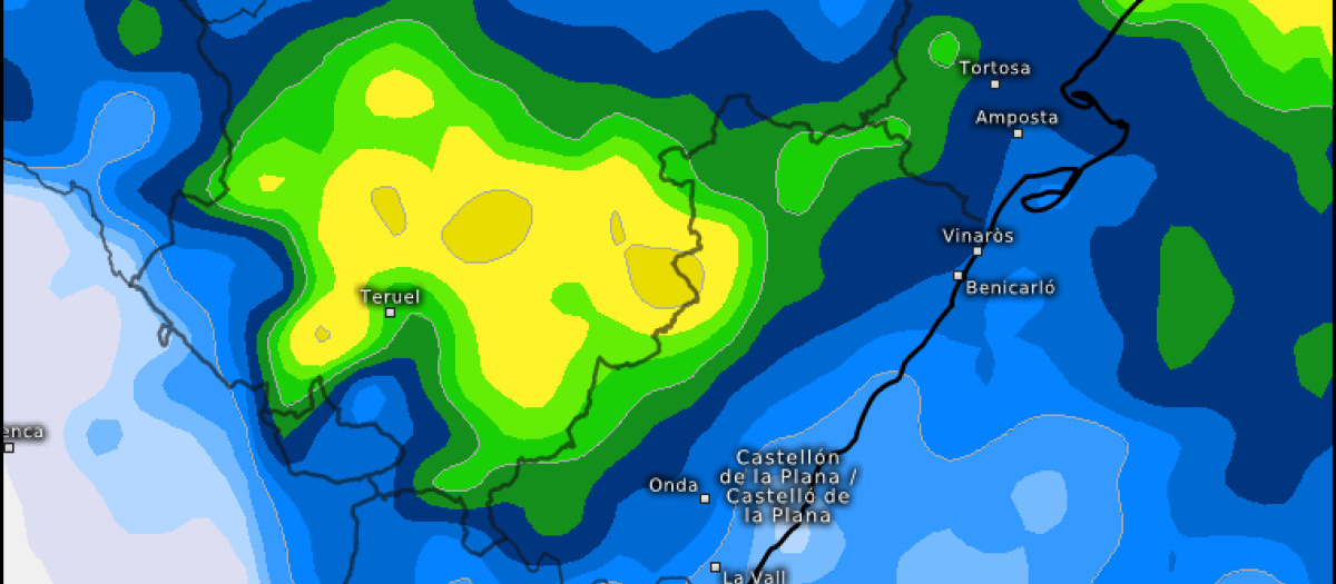 Mapa con las lluvias previstas en el interior norte de Castellón por el modelo europeo ECMWF.